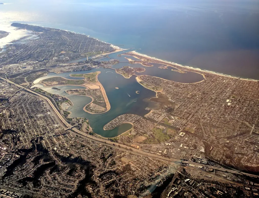 Aerial view of Mission Bay and its islands in San Diego