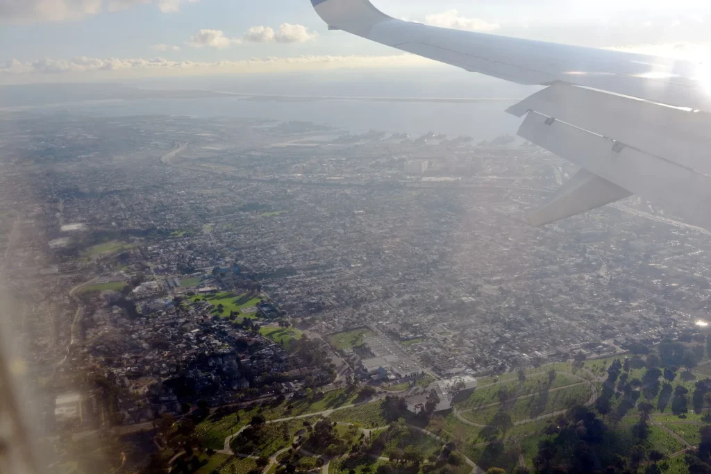 Aerial view looking southwest from Mountain View, San Diego, California, toward National City and San Diego Bay