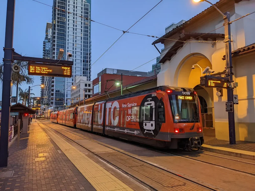 A red Blue Line trolley at Santa Fe Depot station in downtown San Diego