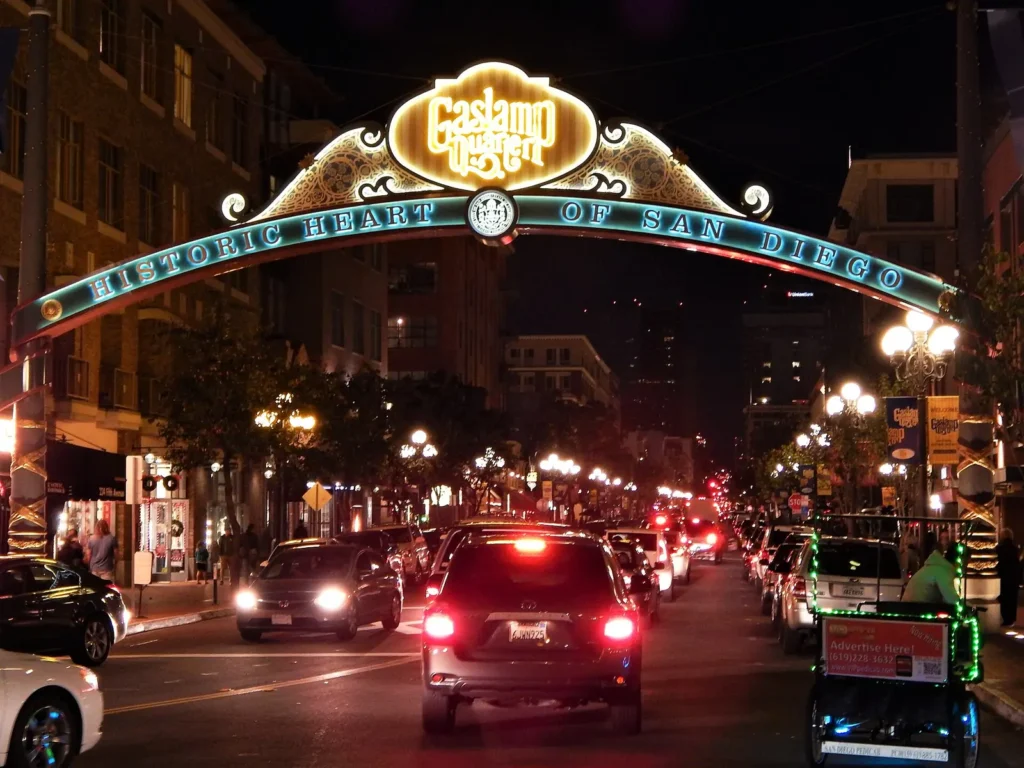 Bustling Gaslamp Quarter street at night