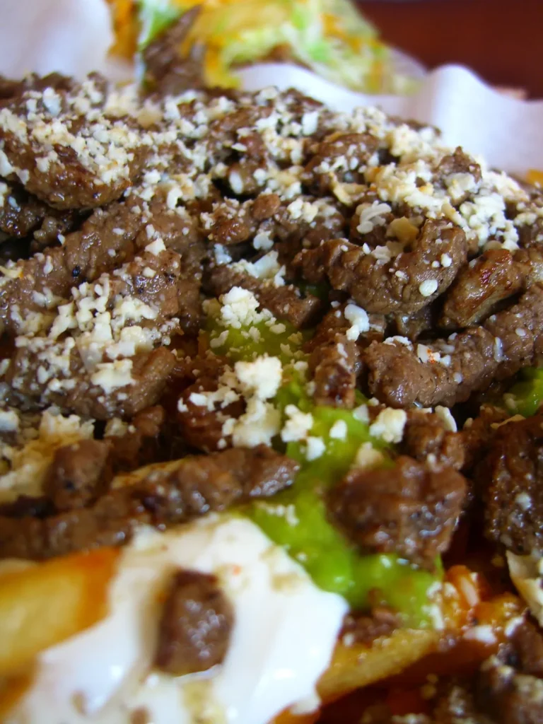 Carne asada fries topped with steak, cheese and guacamole