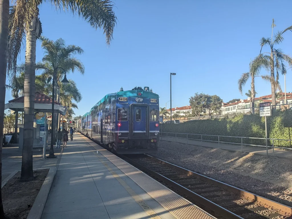 A Coaster commuter train at Encinitas station in North County San Diego