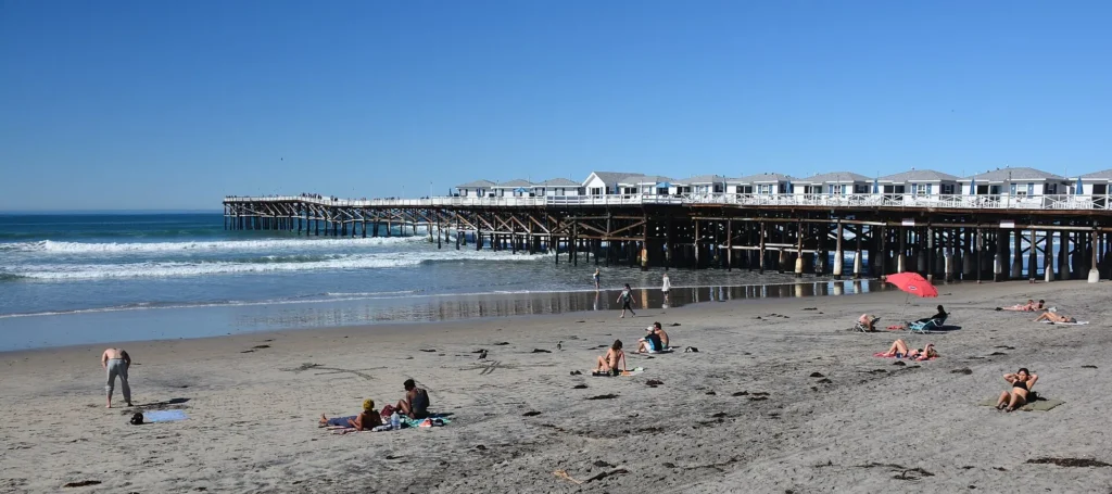 Crystal Pier and the sandy beach at Pacific Beach