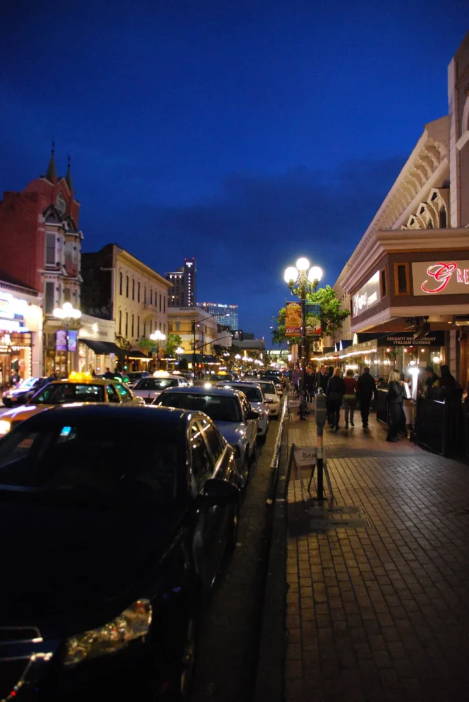 Fifth Avenue in the Gaslamp Quarter at night, downtown San Diego