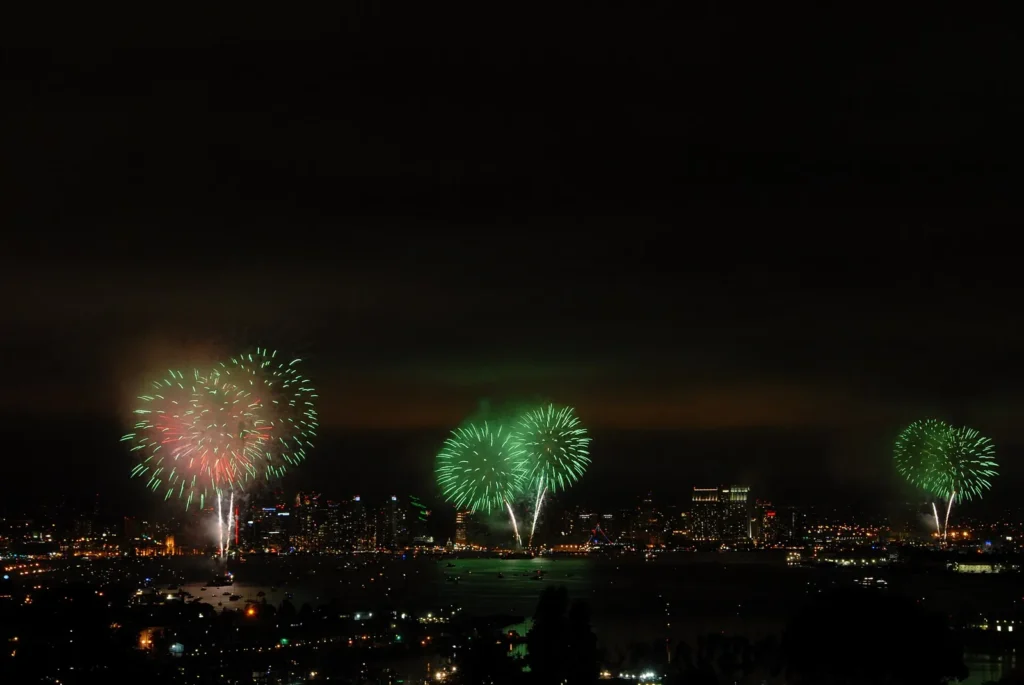 Fourth of July fireworks above San Diego Bay in San Diego, California