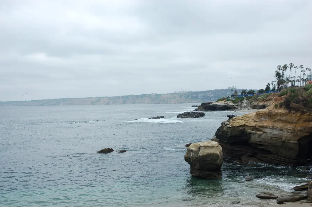 The sandstone cliffs and coastline of La Jolla Cove, San Diego, California, looking north toward Torrey Pines