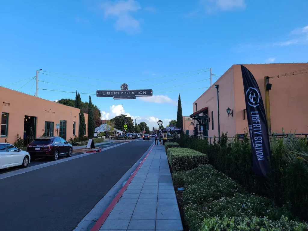 Historic buildings and walkway at Liberty Station in Point Loma, San Diego