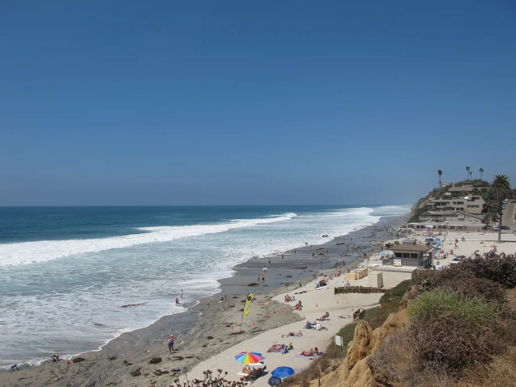 A view of Moonlight Beach, San Diego North County, California, taken from the south