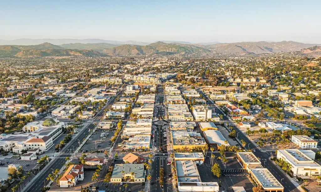 An aerial view of downtown Escondido and Grand Avenue