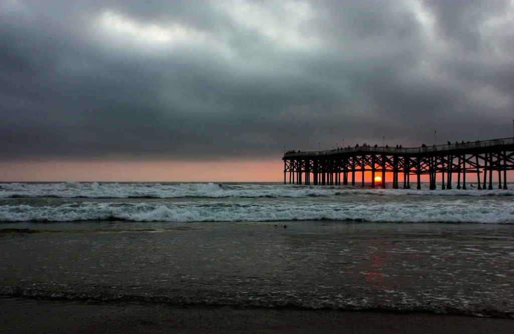 Crystal Pier in Pacific Beach under stormy skies