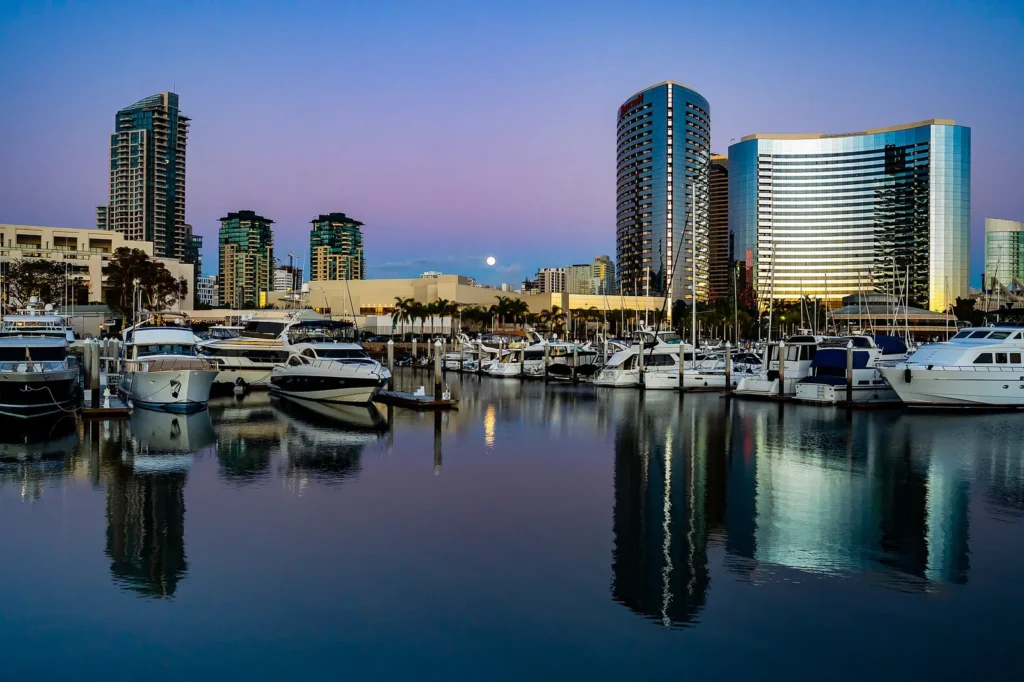 Downtown San Diego skyline over the harbor at sunset