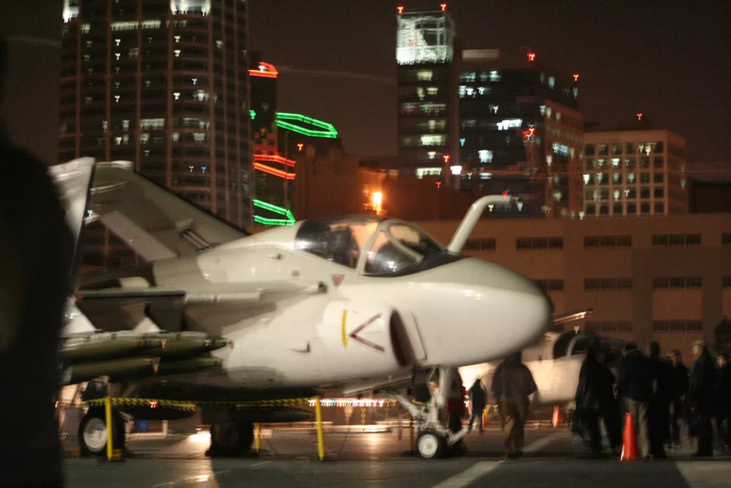 San Diego skyline from deck of USS Midway at night