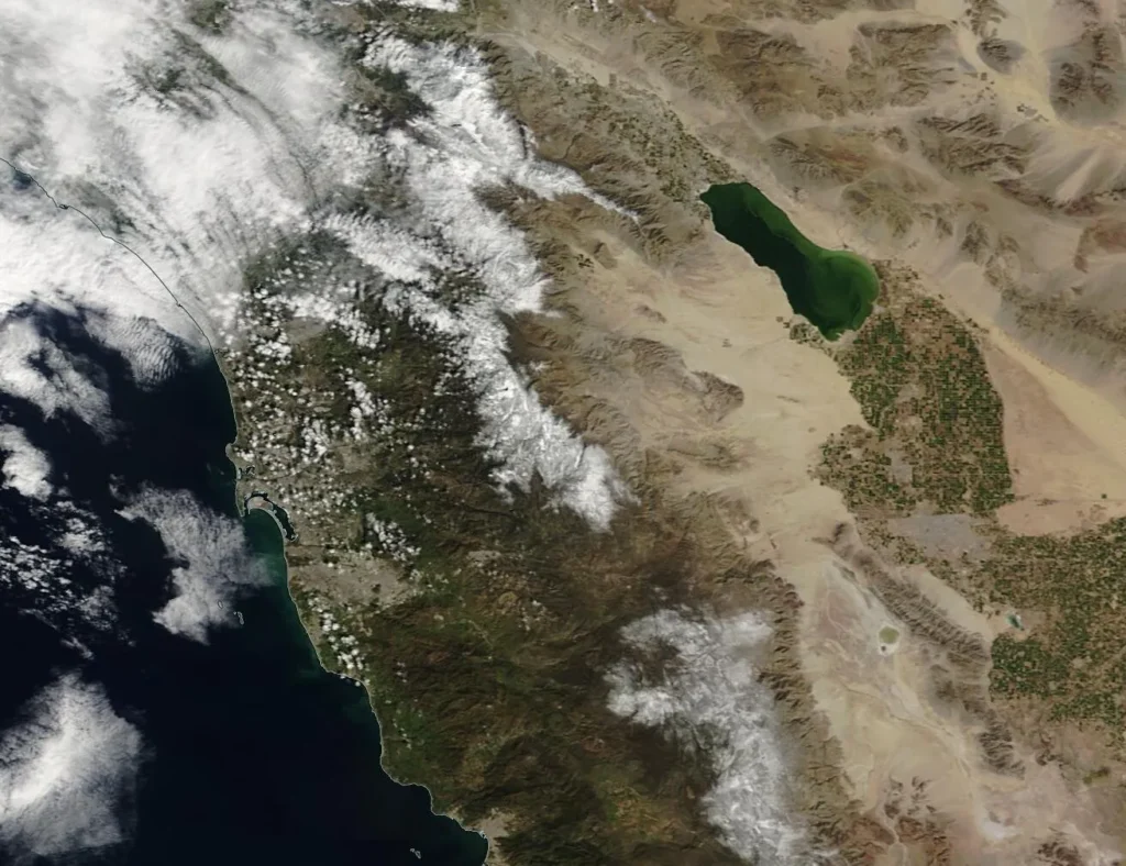 Satellite view of snow on the San Diego County mountains