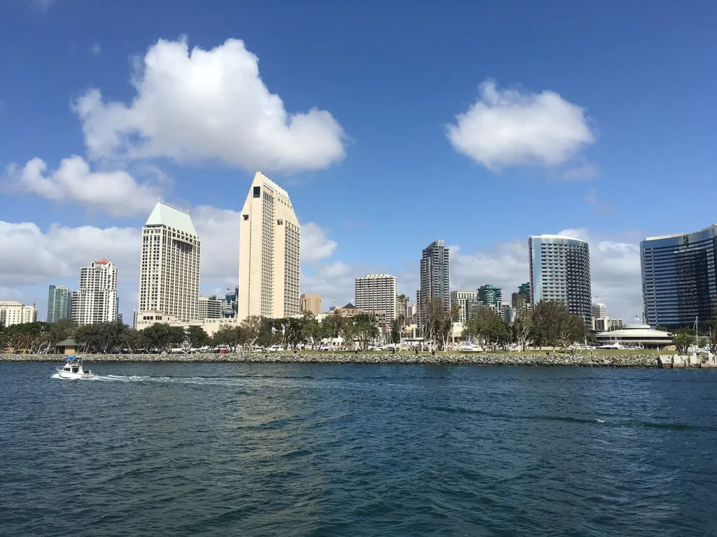 Whale Watching San Diego: The image depicts the shore line of downtown San Diego from the Pacific Ocean