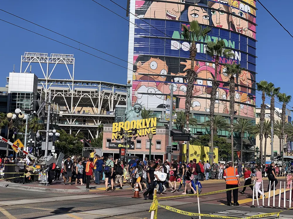 Trolley and crowds near the San Diego Convention Center