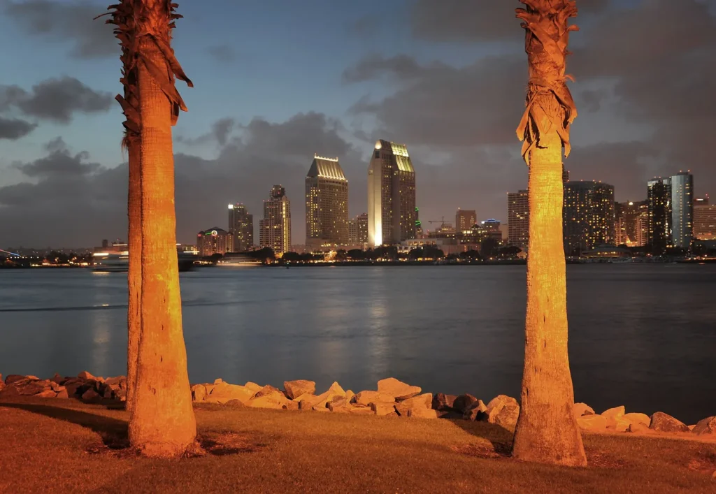The downtown San Diego skyline at dusk, seen between palm trees from Coronado